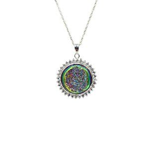 Sterling Silver Druzy Glittery Stone Pendant Necklace Round Sun Shaped Colorful